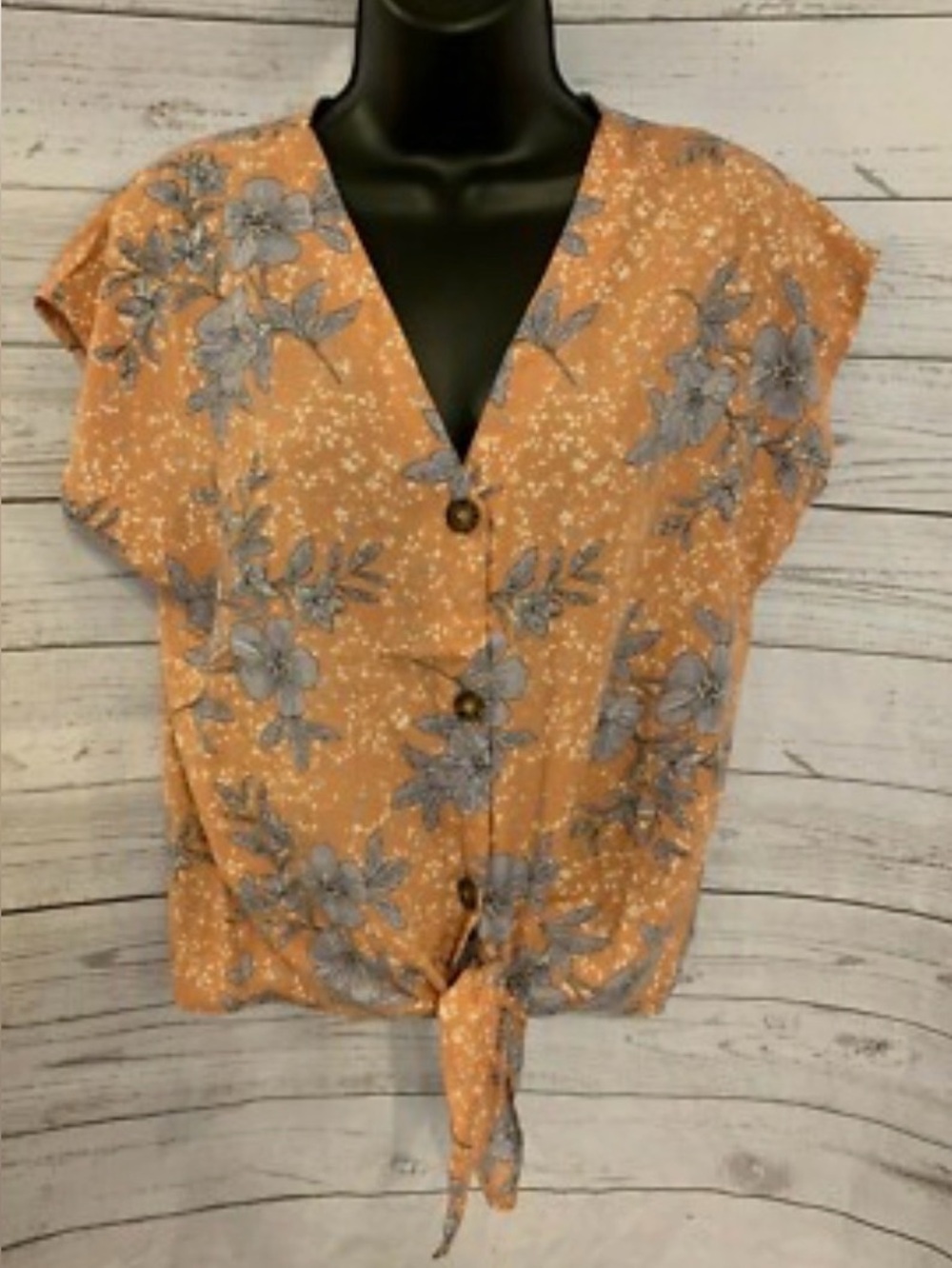 Sienna Sky Brown Floral Print Blouse light orange and blue flowers